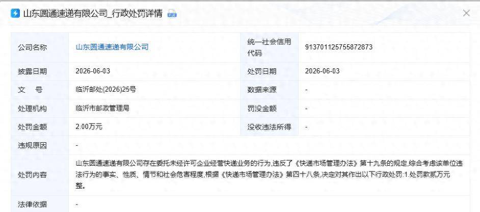 因“委託未經許可企業經營快遞業務”，山東圓通速遞被處罰