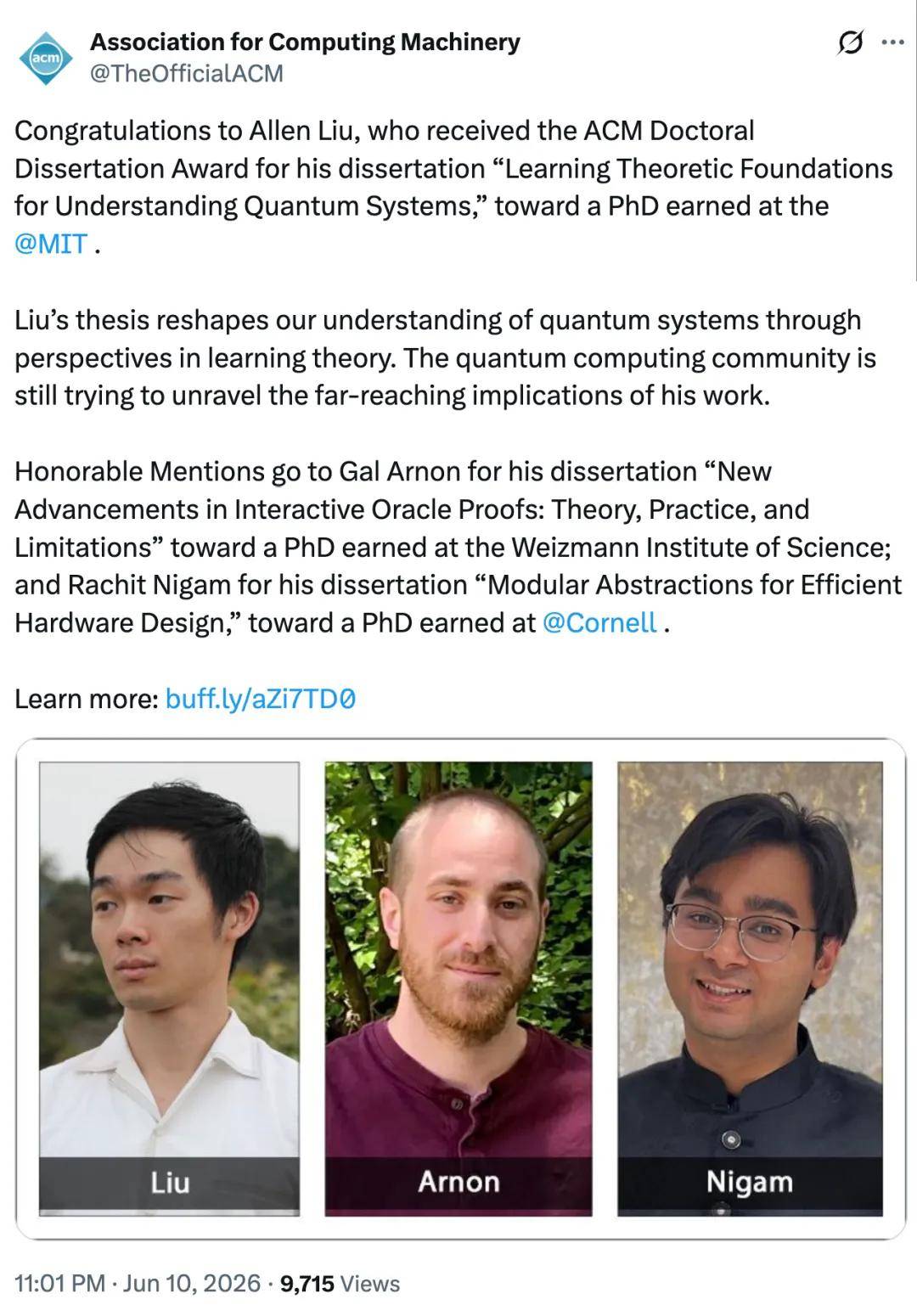 ACM博士論文獎出爐：紐約大學劉書亮，曾是三屆IMO金牌得主